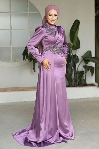 Neva Style Βραδινό φόρεμα Hijab με ουρά σκούρο λιλά σατέν 22830klıla