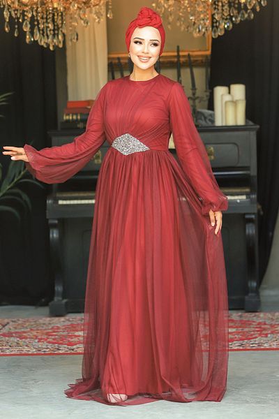 Neva Style Rochie de seara cu hijab - Rochie de seara musulmana din tul burgundy 54230br