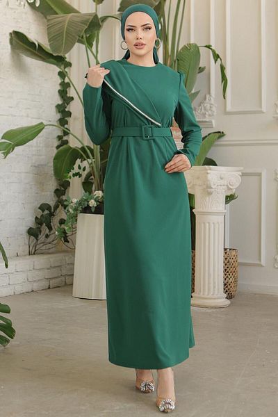Neva Style Buckle Belted Emerald Green Hijab Evening Dress 664Zy