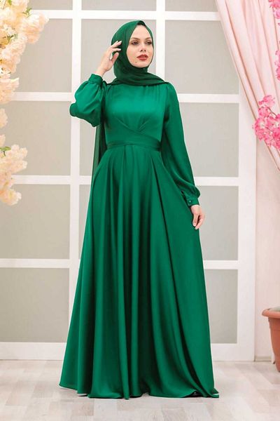 Neva Style Green Hijab Evening Dress with Tie Detail 3064Y