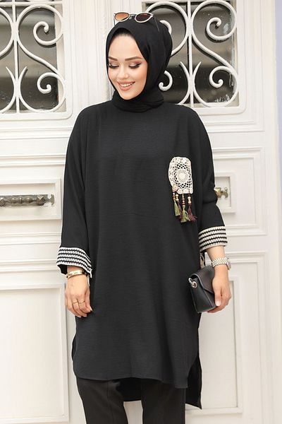 Neva Style Tunica Hijab Neagra - Detaliu cu ciucuri, Model 651S