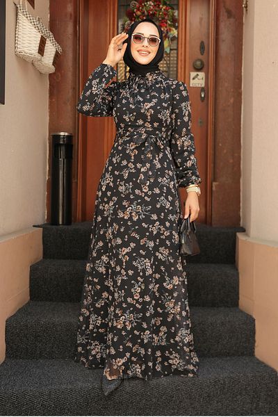 Neva Style - Rochie Hijab Neagră cu Motiv Floral 27924s