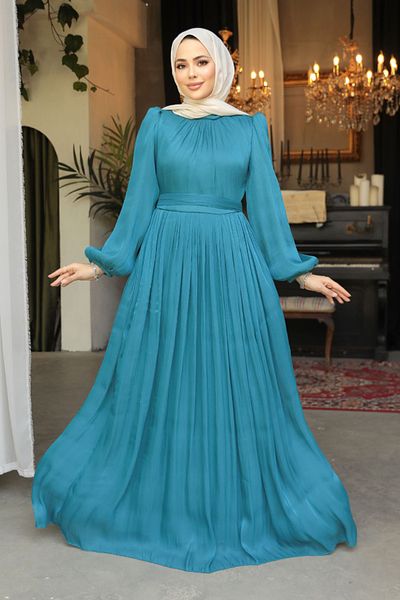 Neva Style Rochie de seară cu mânecă cu balon verde petrol 45191PY