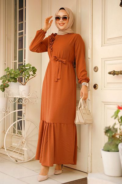 Neva Style Rochie Hijab cu țiglă întunecată cu centură 659KKRMT