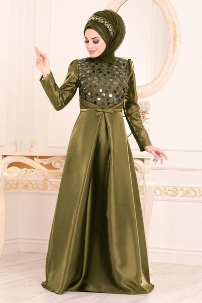 Neva Style فستان سهرة حجاب كاكي من التفتا 3755hk