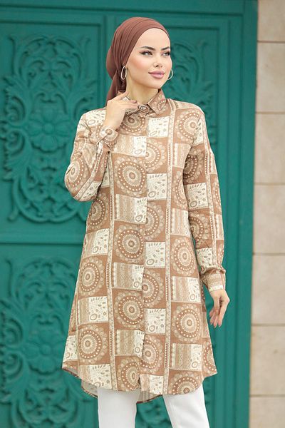 Neva Style تونيك فيسكوز حجاب بني منقوش 11664kh