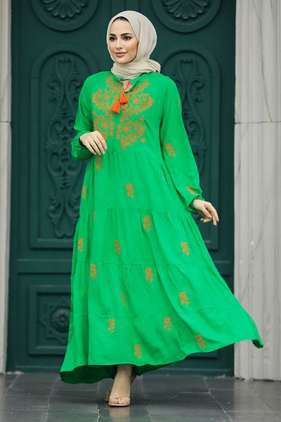Neva Style Rochie Hijab Verde cu Detaliu Floare 40110y