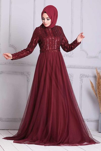 Neva Style Βραδινό φόρεμα με παγιέτες μπορντό Hijab 5338br