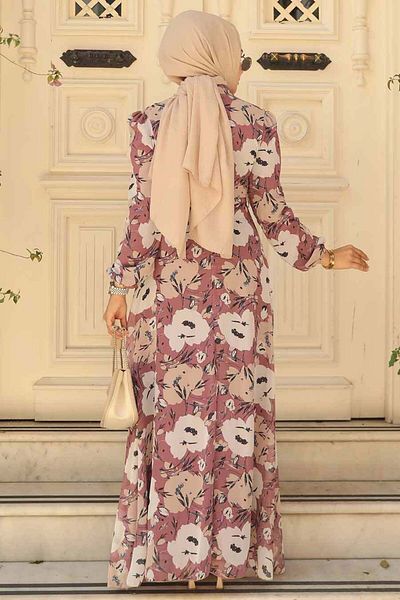 Neva Style Floral Patterned Dusty Rose Hijab Dress 27939Gk