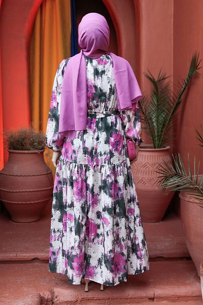 Neva Style Patterned Fuchsia Hijab Dress 60892F