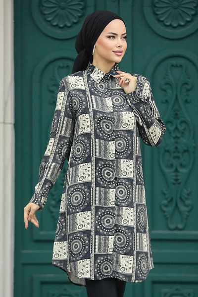 Neva Style تونيك فيسكوز محتشم أسود منقوش 11664s