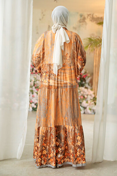 Neva Style Floral Patterned Orange Hijab Dress 18235T