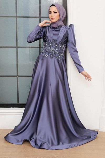 Neva Style Βραδινό φόρεμα με χάντρες Indigo Blue Satin Hijab 22640ım