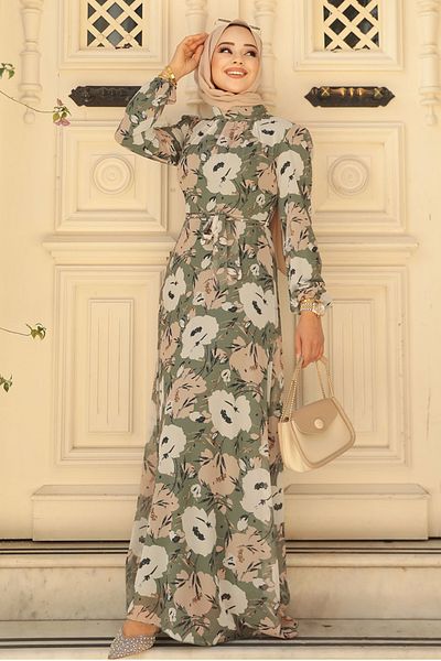 Neva Style فستان حجاب كاكي منقوش بالزهور 27939hk