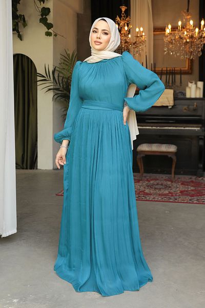 Neva Style Rochie de seară cu mânecă cu balon verde petrol 45191PY