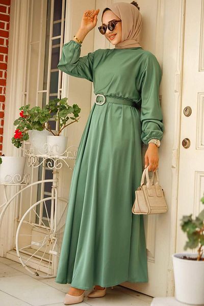 Neva Style Çağla Πράσινο Σατέν Φόρεμα Hijab 5727cy