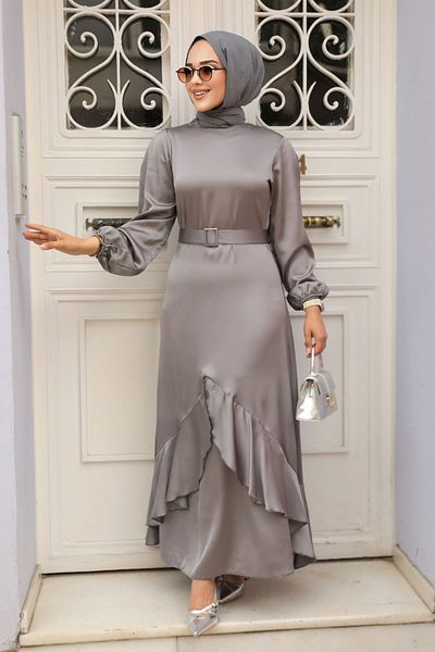 Neva Style Rochie de seara Hijab - Rochie de seara Hijab Gri cu Volane 4566gr