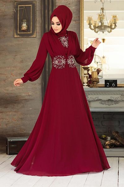 Neva Style Lacy Burgundy Hijab Evening Dress 9118Br