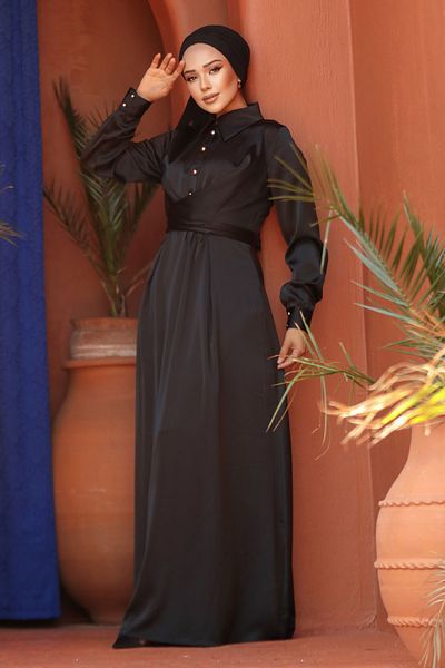 Neva Style Rochie Hijab din Satin Negru - Detaliu Nasturi, Model 45661S