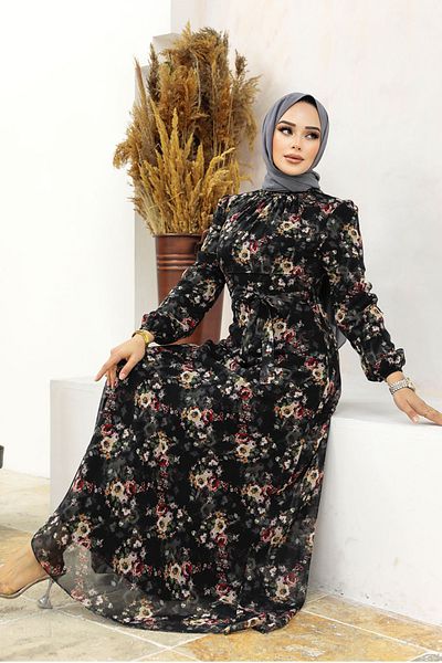Neva Style - Rochie Hijab Neagră cu Motiv Floral 27947s