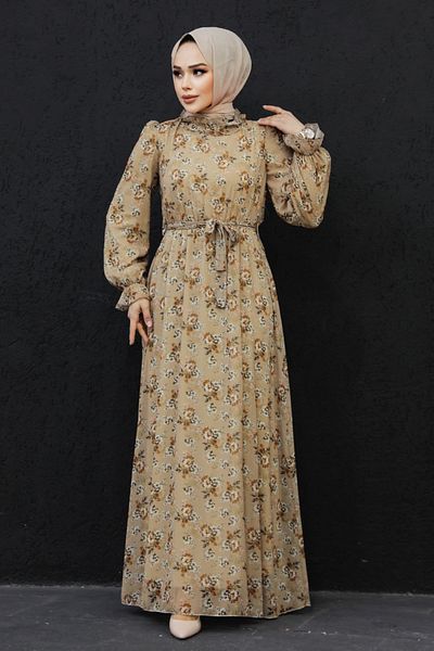 Neva Style Rochie Hijab Biscuit cu Motiv Floral 29713bs