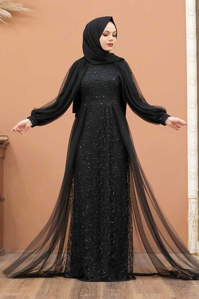 Neva Style Cape Black Hijab Evening Dress 55190S