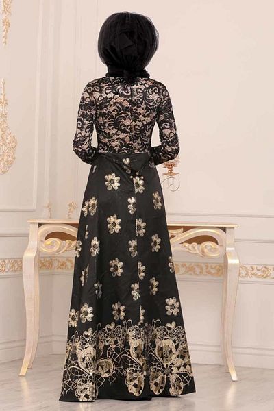 Nayla Collectıon Floral Patterned Black Hijab Evening Dress 82457S