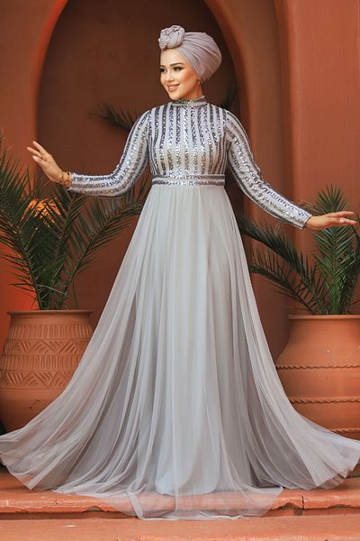 Neva Style Rochie de seara Hijab - Rochie de seara Hijab gri cu paiete 5338gr