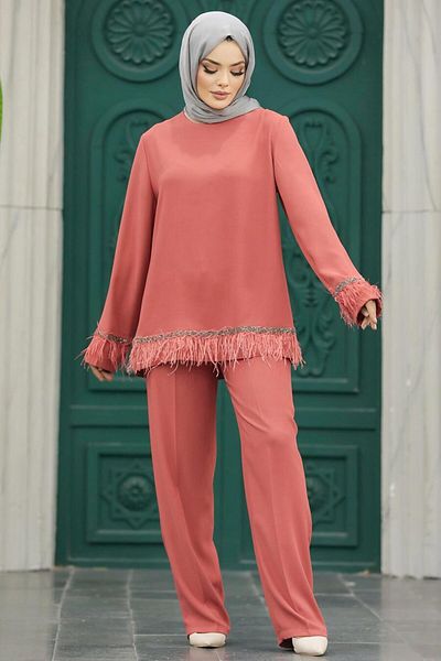 Neva Style - طقم حجاب مزدوج بتفاصيل ريش سمك السلمون الداكن 40012ksmn