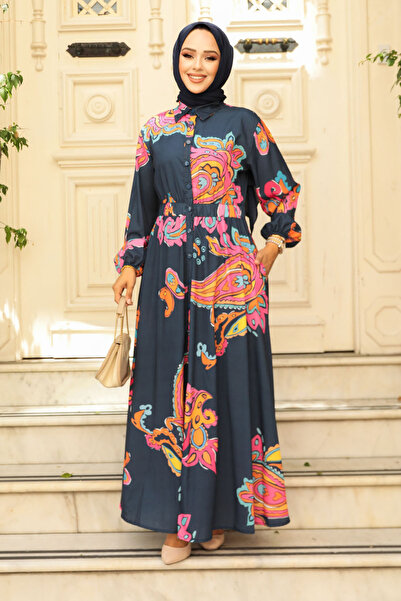 Neva Style Ναυτικό Μπλε Μοτίβο Χιτζάμπ Φόρεμα - 23441L