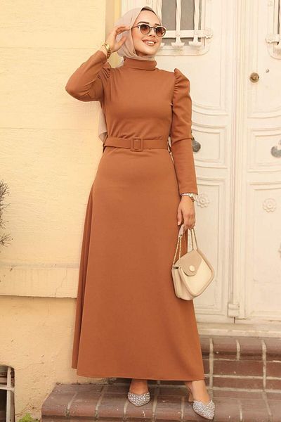 Neva Style Belted Tan Hijab Dress 554Tb