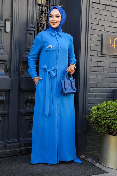 Neva Style Μπλε Φόρεμα Hijab - Κουμπί, 12504M