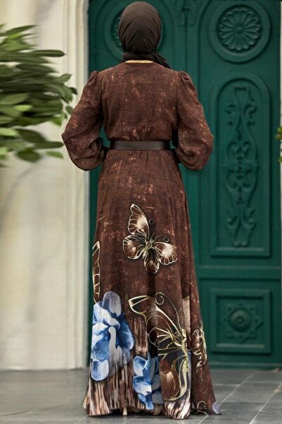 Neva Style Desenli Kahverengi Tesettür Abiye Elbise 39211kh