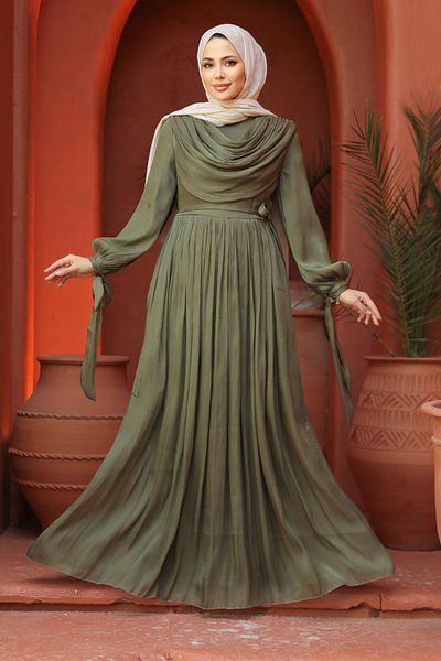 Neva Style فستان حجاب كاكي - تفاصيل ثنيات، موديل 44591HK