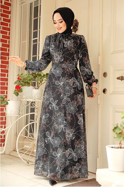Neva Style Floral Patterned Black Hijab Dress 279079 S
