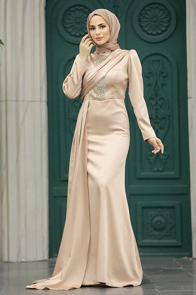 Neva Style Rochie de seara cu hijab - Rochie de seara hijab din satin auriu cu coada 22891aur