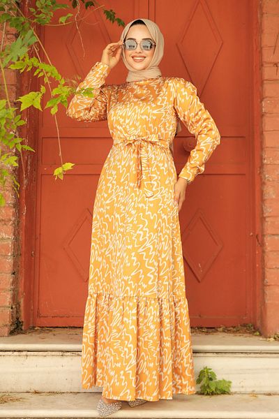 Neva Style - Patterned Mustard Hijab Dress 3430hr