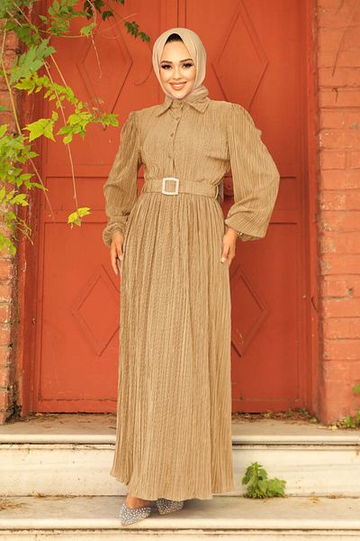 Neva Style Rochie Hijab Biscuit cu centură cu cataramă 5936bs