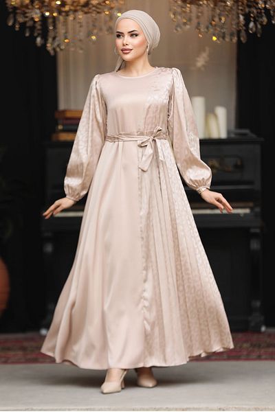 Neva Style Rochie Hijab Bej cu centură 30381BEIG