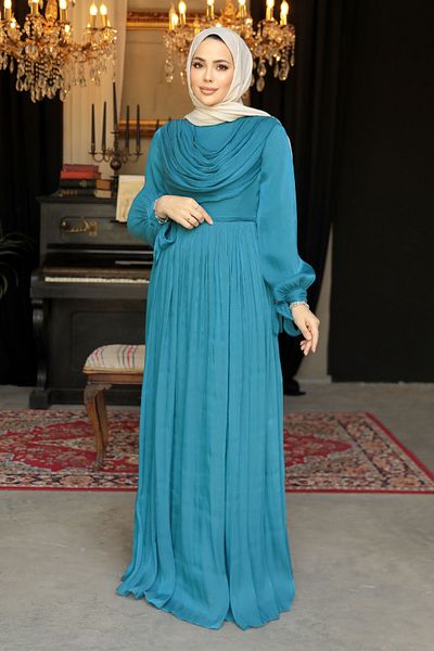 Neva Style Rochie Hijab Detaliată Drape Verde Petrol - 44591PY