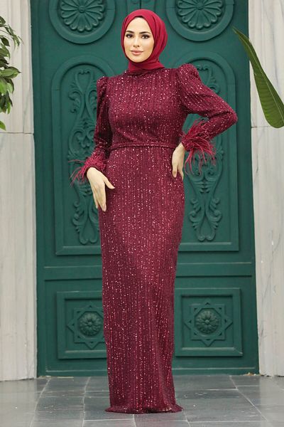 Neva Style Rochie de seara Hijab - Rochie de seara Hijab Bordotesettur brodata cu paiete 23210br