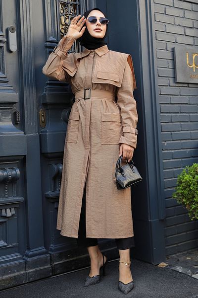 Neva Style Camel Hijab Trench Coat - Sailor Collar Detail, Model 19023C
