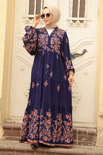 Neva Style Navy Blue Hijab Dress - Floral Pattern, Model 10300L