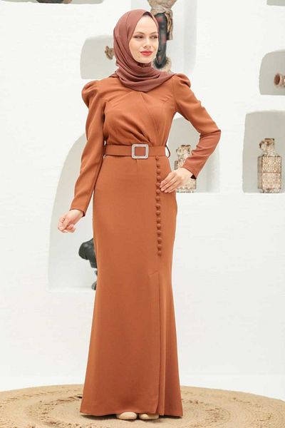 Neva Style Button Detailed Fish Tan Hijab Evening Dress 3231Tb