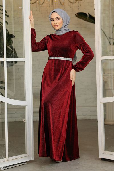 Neva Style Βραδινό φόρεμα Ασημί Βουργουνδίας Hijab 42541br