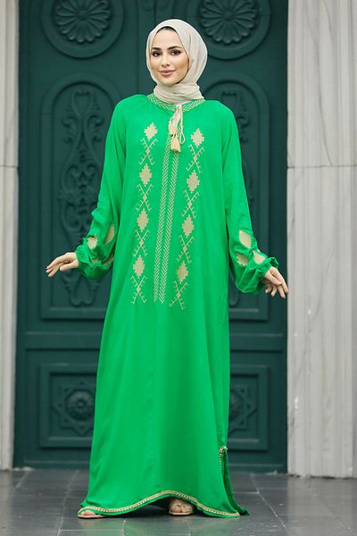 Neva Style Πράσινο Φόρεμα Hijab με Λεπτομέρεια Μοτίβου 10136y