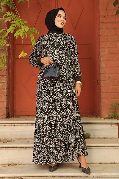 Neva Style - Rochie neagră cu model Hijab 2297s