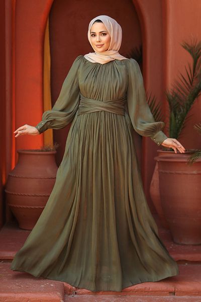Neva Style Balloon Sleeve Khaki Hijab Evening Dress 46221Hk