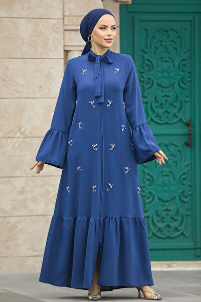 Neva Style Bead Embroidered Indigo Blue Hijab Ferace 20009IM
