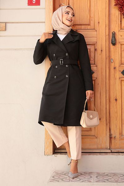 Neva Style Μαύρη καμπαρντίνα Hijab - Με ζώνη, Μοντέλο 61221S